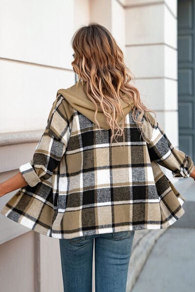 Gray Button Up Plaid Hooded Jacket