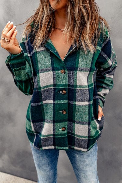 Dim Gray Button Up Plaid Hooded Jacket