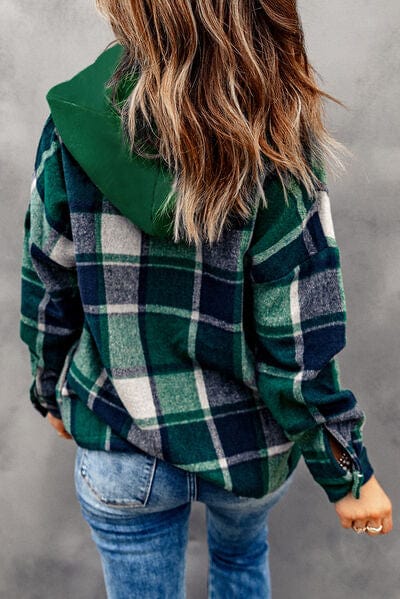 Dark Slate Gray Button Up Plaid Hooded Jacket