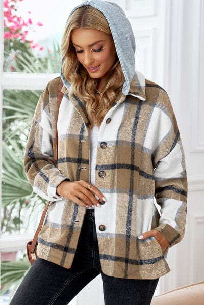 Gray Button Up Plaid Hooded Jacket