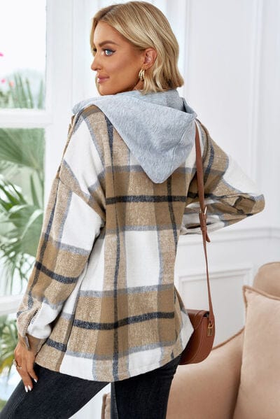 Light Gray Button Up Plaid Hooded Jacket