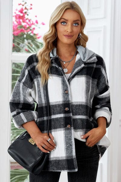 Black Button Up Plaid Hooded Jacket