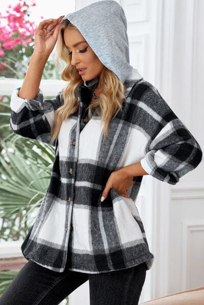 Light Gray Button Up Plaid Hooded Jacket