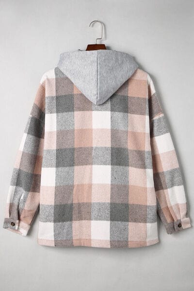 Gray Button Up Plaid Hooded Jacket