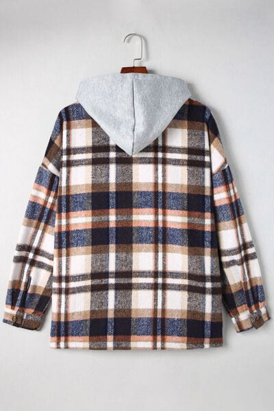 Light Gray Button Up Plaid Hooded Jacket