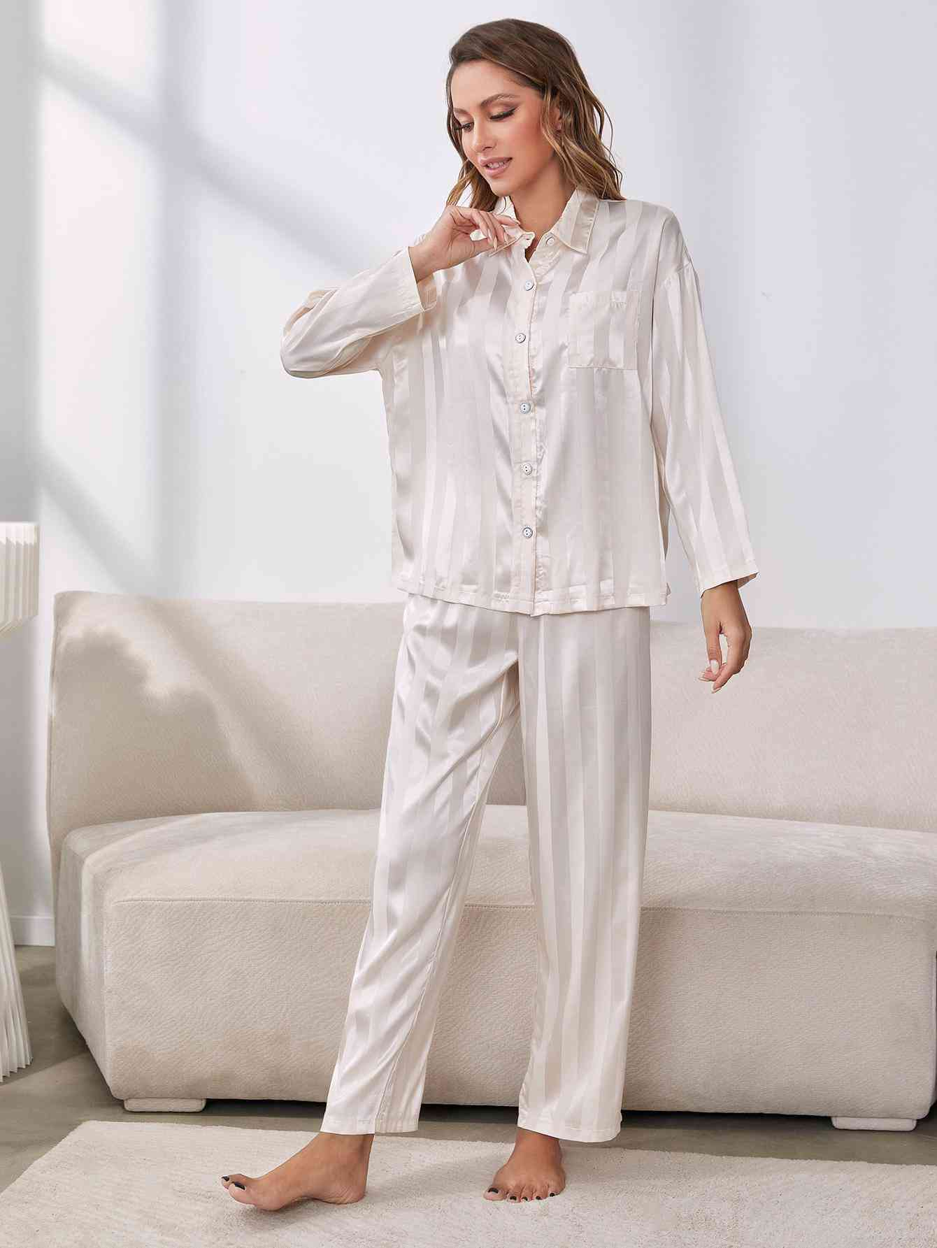 Light Gray Button-Up Shirt and Pants Pajama Set