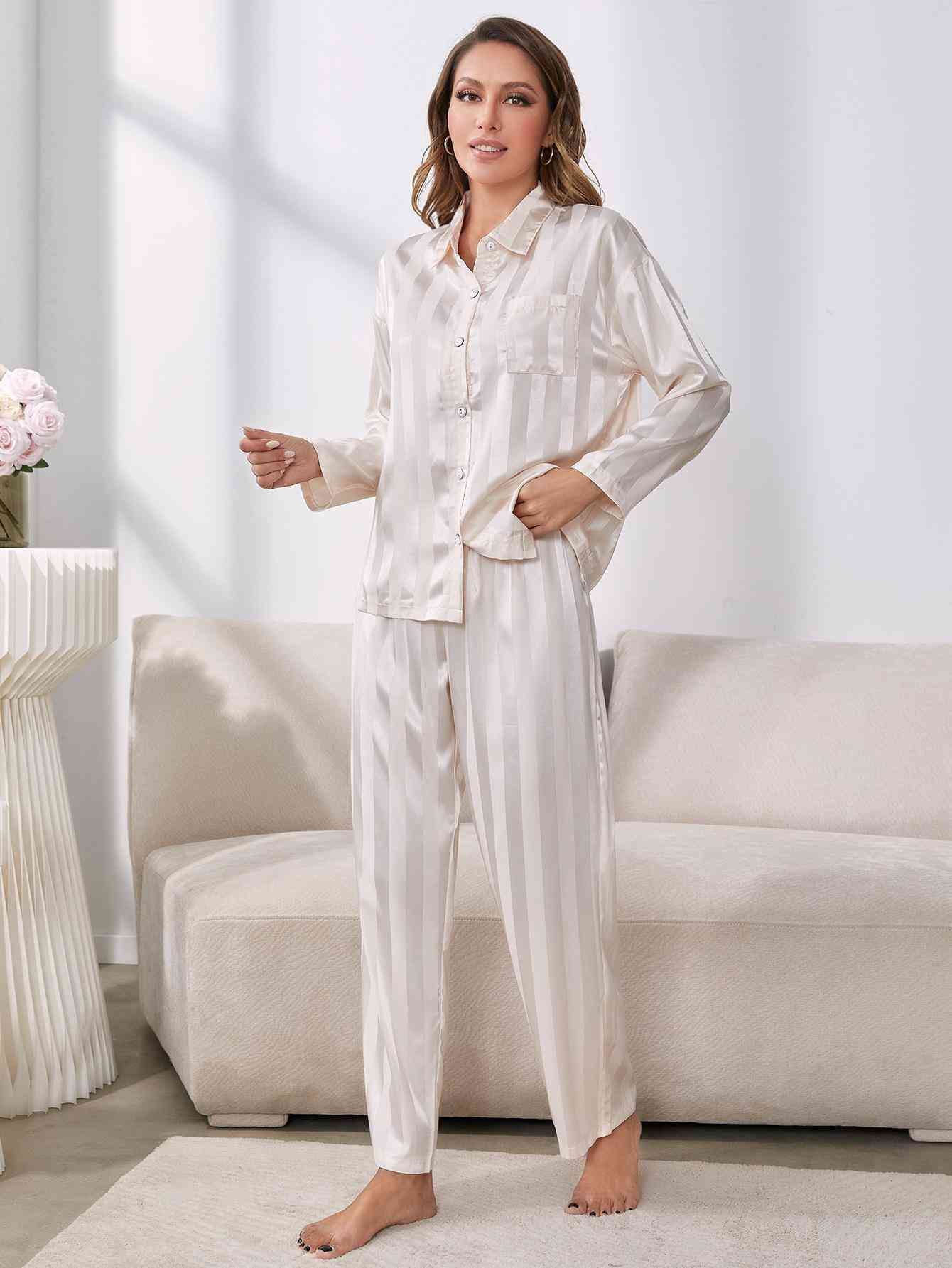 Gray Button-Up Shirt and Pants Pajama Set