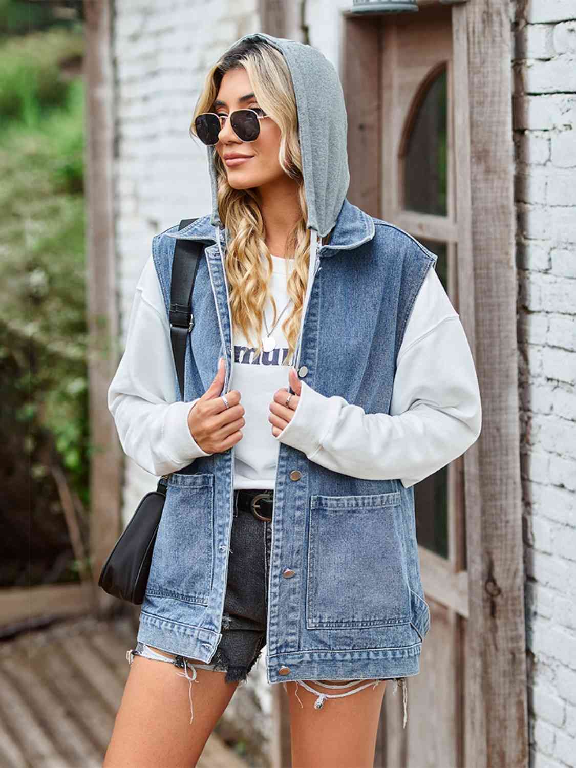 Light Slate Gray Button Up Sleeveless Denim Jacket with Pockets