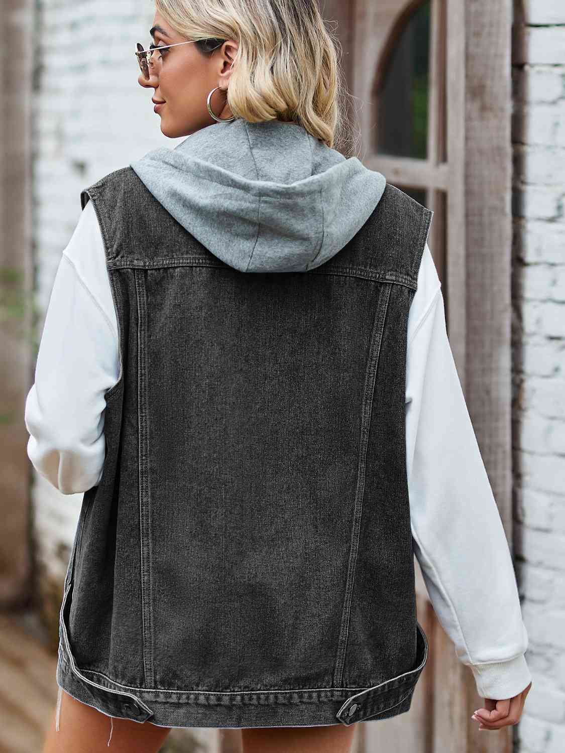 Dark Slate Gray Button Up Sleeveless Denim Jacket with Pockets