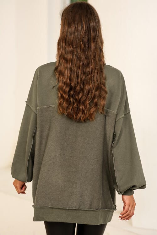 Dark Olive Green Buttoned Dropped Shoulder Sweatshirt