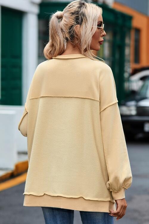 Tan Buttoned Dropped Shoulder Sweatshirt