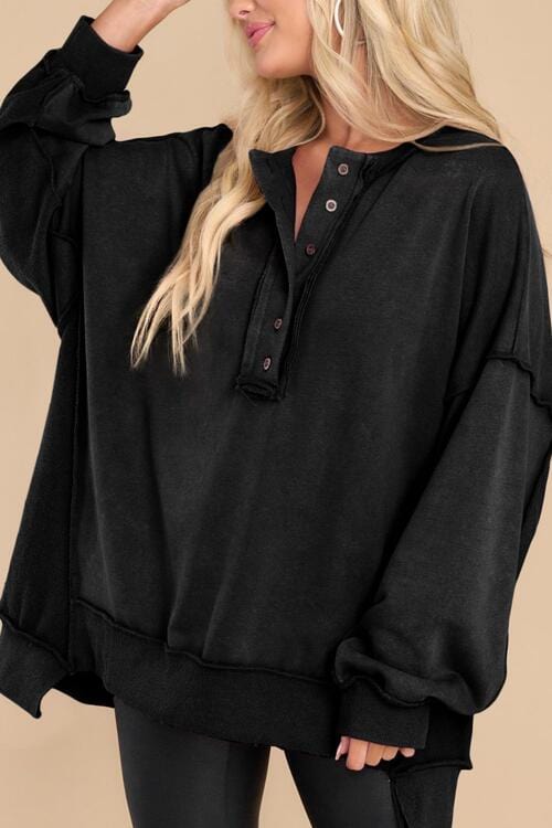 Black Buttoned Dropped Shoulder Sweatshirt