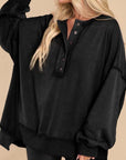 Black Buttoned Dropped Shoulder Sweatshirt