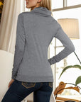 Slate Gray Buttoned Mock Neck Long Sleeve Blouse