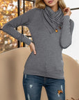 Dim Gray Buttoned Mock Neck Long Sleeve Blouse