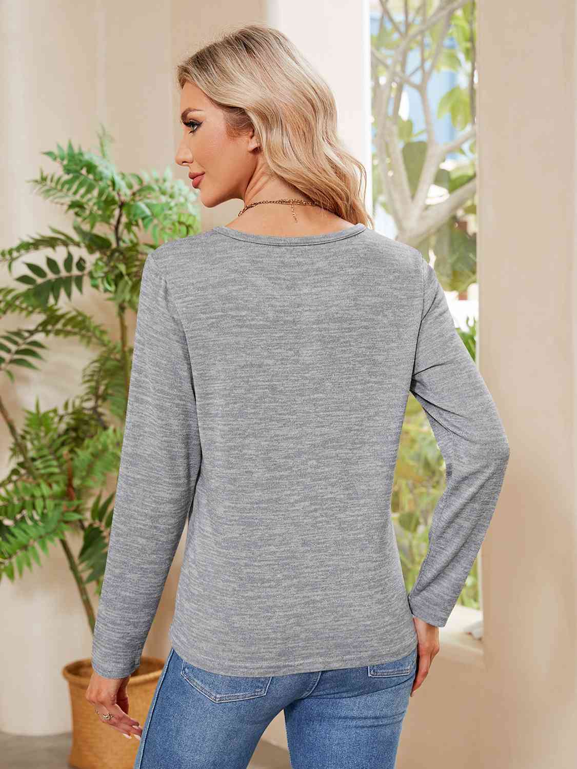 Dark Gray Buttoned Round Neck  Long Sleeve T-Shirt