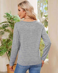 Dark Gray Buttoned Round Neck  Long Sleeve T-Shirt