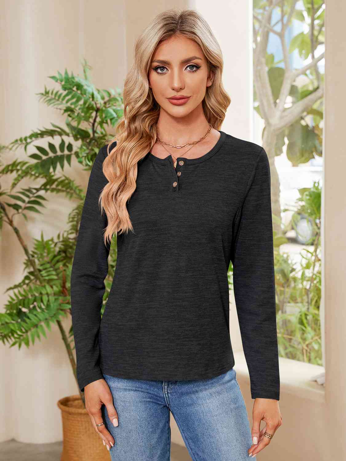 Tan Buttoned Round Neck  Long Sleeve T-Shirt