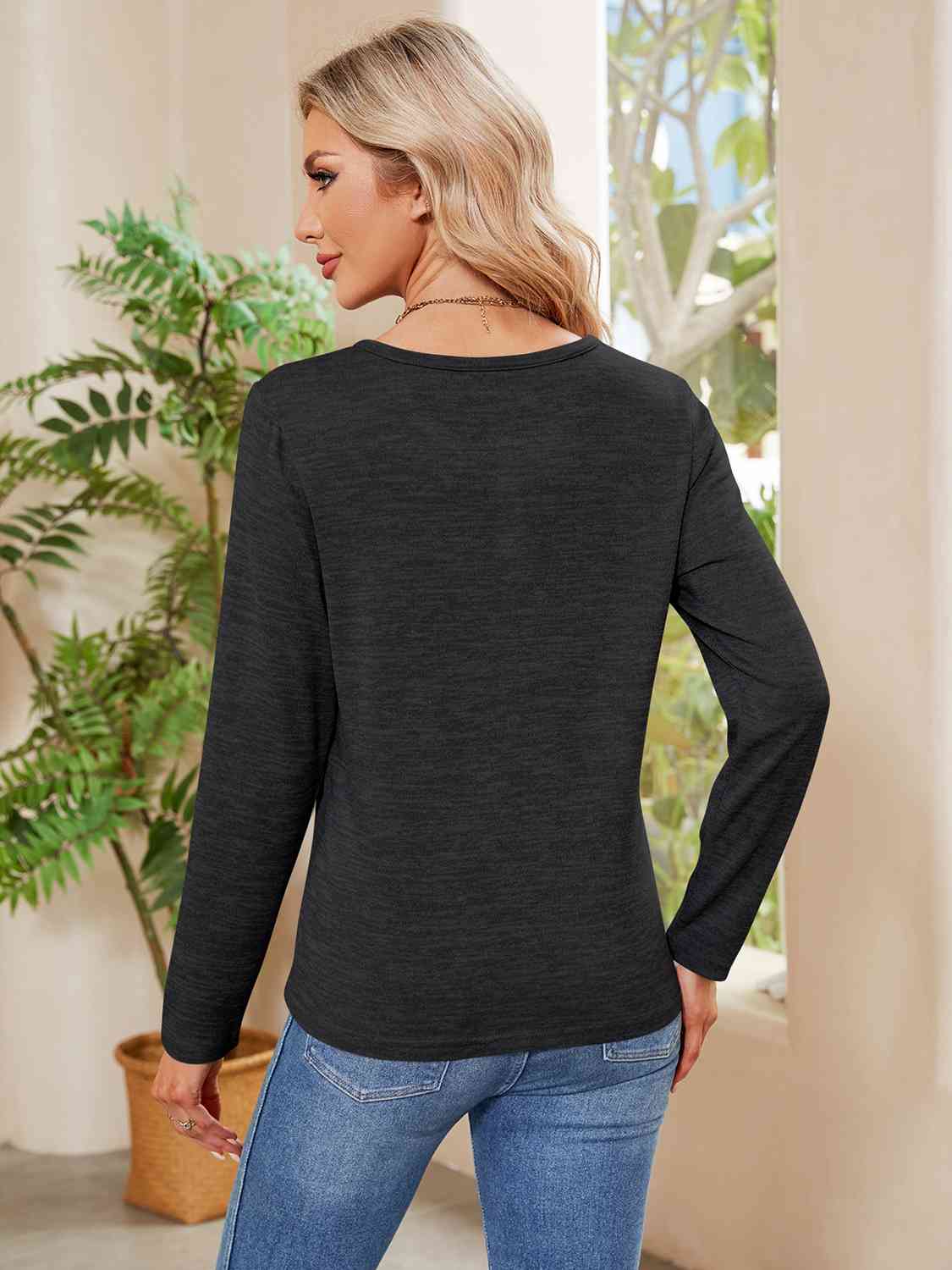 Tan Buttoned Round Neck  Long Sleeve T-Shirt