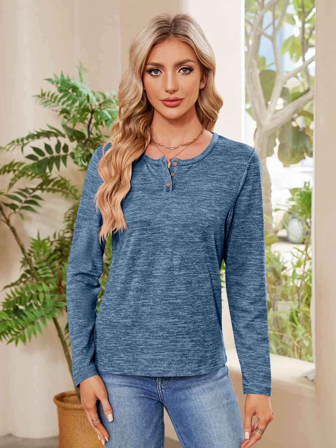 Dark Gray Buttoned Round Neck  Long Sleeve T-Shirt