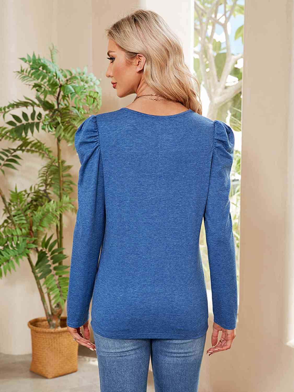 Tan Buttoned Round Neck Puff Sleeve T-Shirt