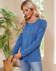 Tan Buttoned Round Neck Puff Sleeve T-Shirt