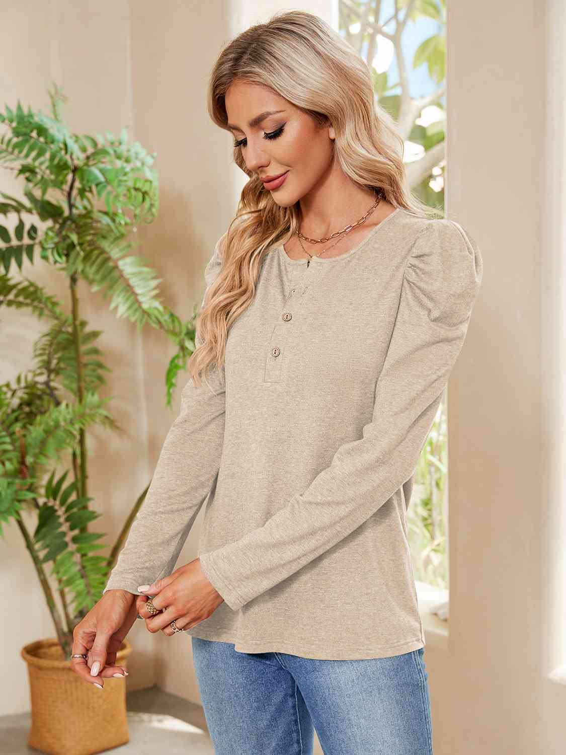 Tan Buttoned Round Neck Puff Sleeve T-Shirt