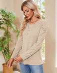 Tan Buttoned Round Neck Puff Sleeve T-Shirt