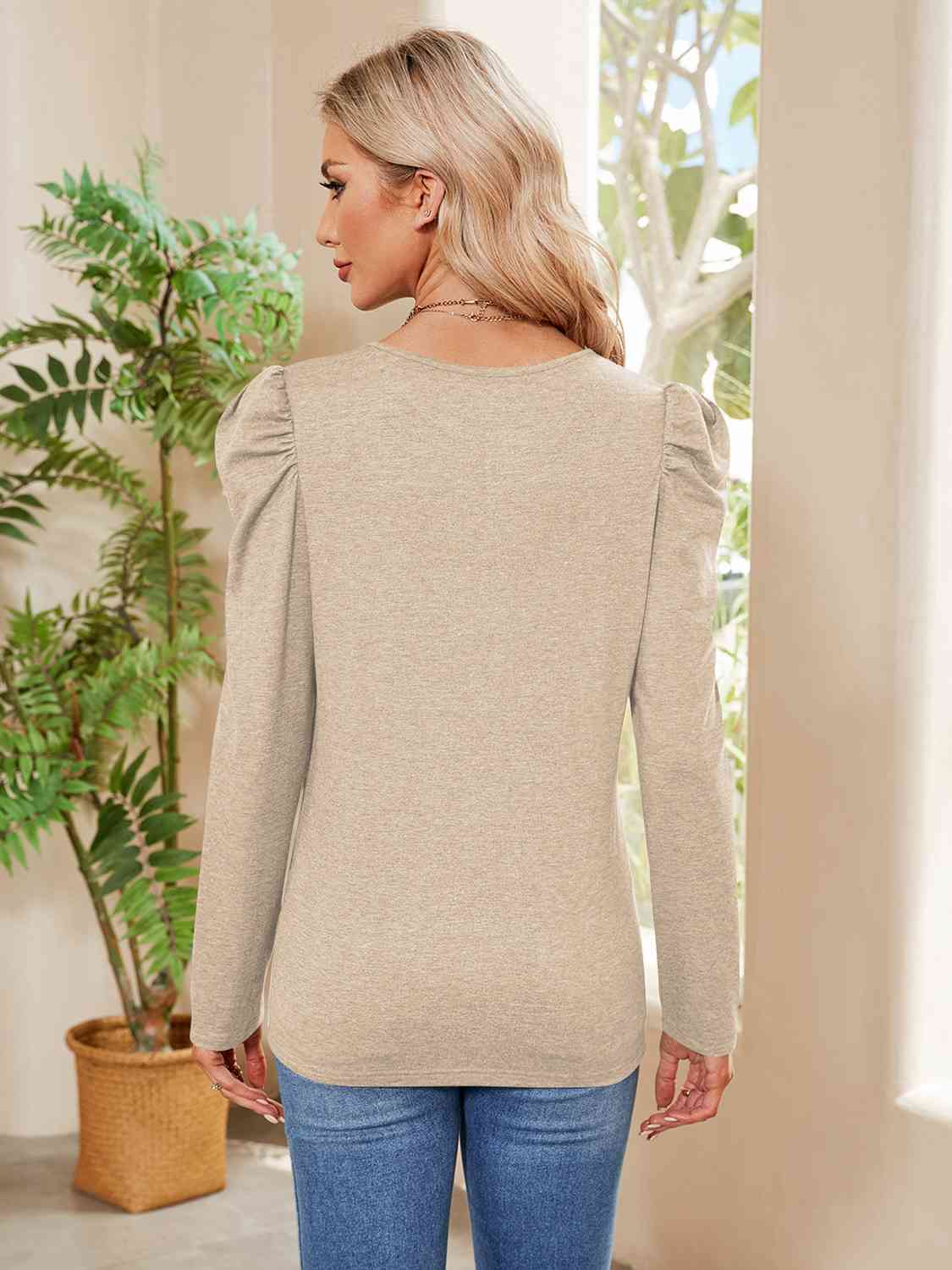 Tan Buttoned Round Neck Puff Sleeve T-Shirt