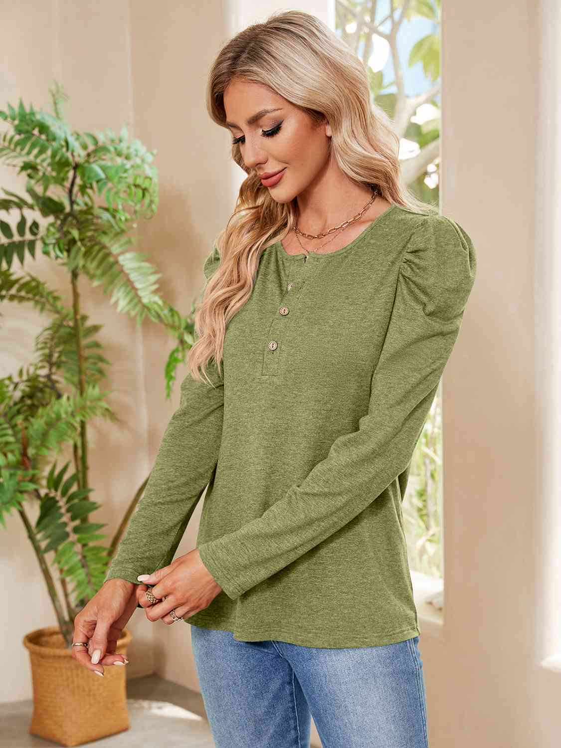 Rosy Brown Buttoned Round Neck Puff Sleeve T-Shirt