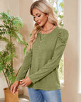 Rosy Brown Buttoned Round Neck Puff Sleeve T-Shirt