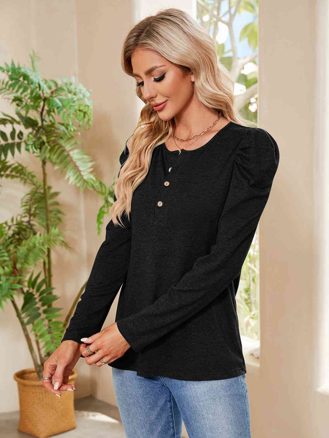 Tan Buttoned Round Neck Puff Sleeve T-Shirt