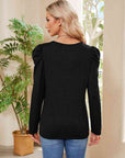 Tan Buttoned Round Neck Puff Sleeve T-Shirt