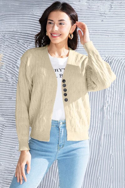 Light Gray Cable-Knit Button Up Dropped Shoulder Cardigan