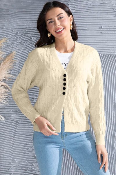 Gray Cable-Knit Button Up Dropped Shoulder Cardigan