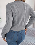 Light Slate Gray Cable-Knit Buttoned Round Neck Sweater