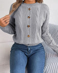 Gray Cable-Knit Buttoned Round Neck Sweater