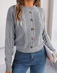 Dark Gray Cable-Knit Buttoned Round Neck Sweater