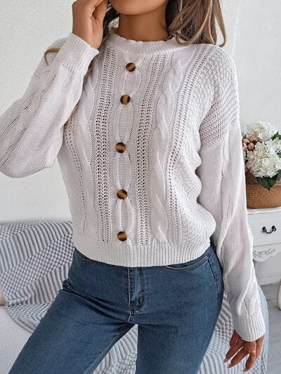 Gray Cable-Knit Buttoned Round Neck Sweater