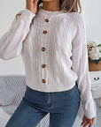 Gray Cable-Knit Buttoned Round Neck Sweater