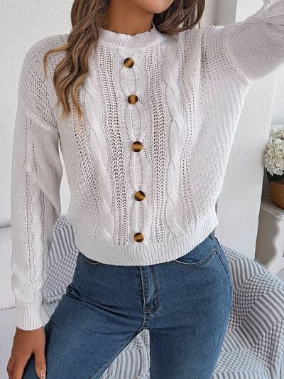 Gray Cable-Knit Buttoned Round Neck Sweater