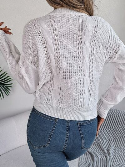 Gray Cable-Knit Buttoned Round Neck Sweater