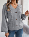 Light Slate Gray Cable-Knit Buttoned V-Neck Sweater