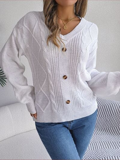 Gray Cable-Knit Buttoned V-Neck Sweater