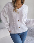 Gray Cable-Knit Buttoned V-Neck Sweater