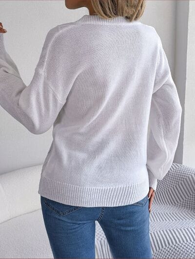 Gray Cable-Knit Buttoned V-Neck Sweater