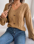 Dim Gray Cable-Knit Buttoned V-Neck Sweater