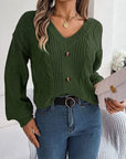 Light Gray Cable-Knit Buttoned V-Neck Sweater