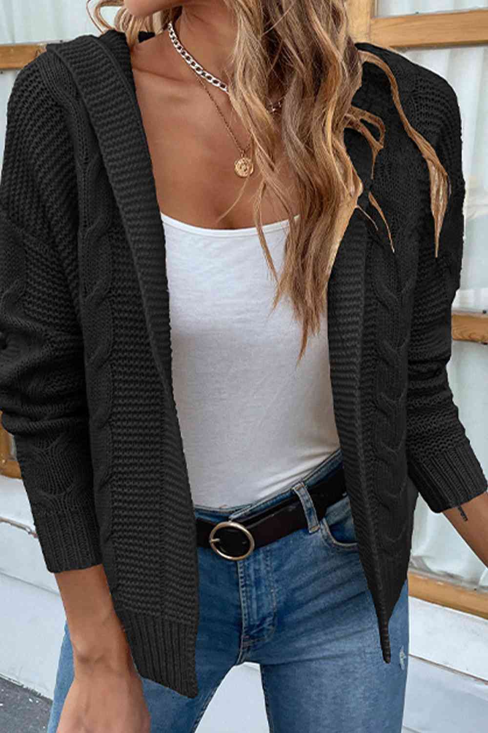 Gray Cable-Knit Dropped Shoulder Hooded Cardigan