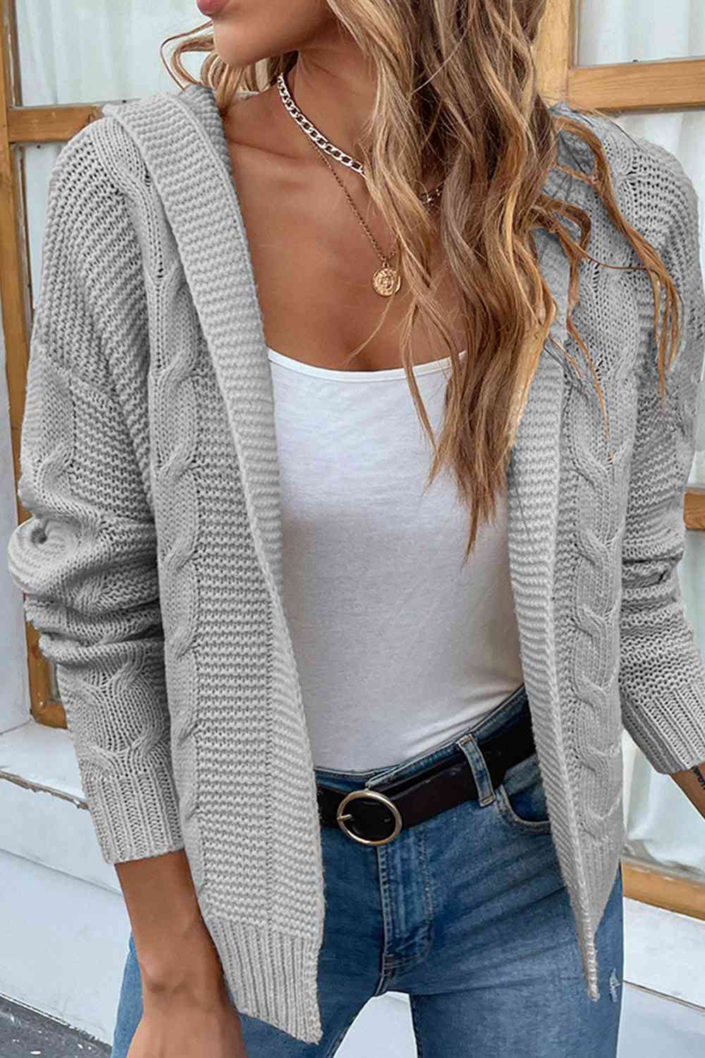 Dark Gray Cable-Knit Dropped Shoulder Hooded Cardigan